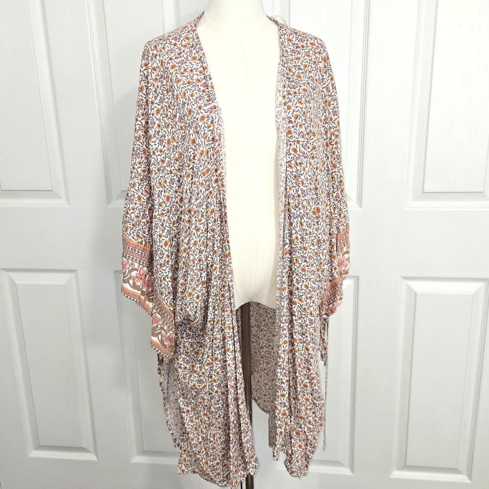 Entro Kimono Women OS Tan Floral Border Print Rayon Open Front Cardigan J16565P